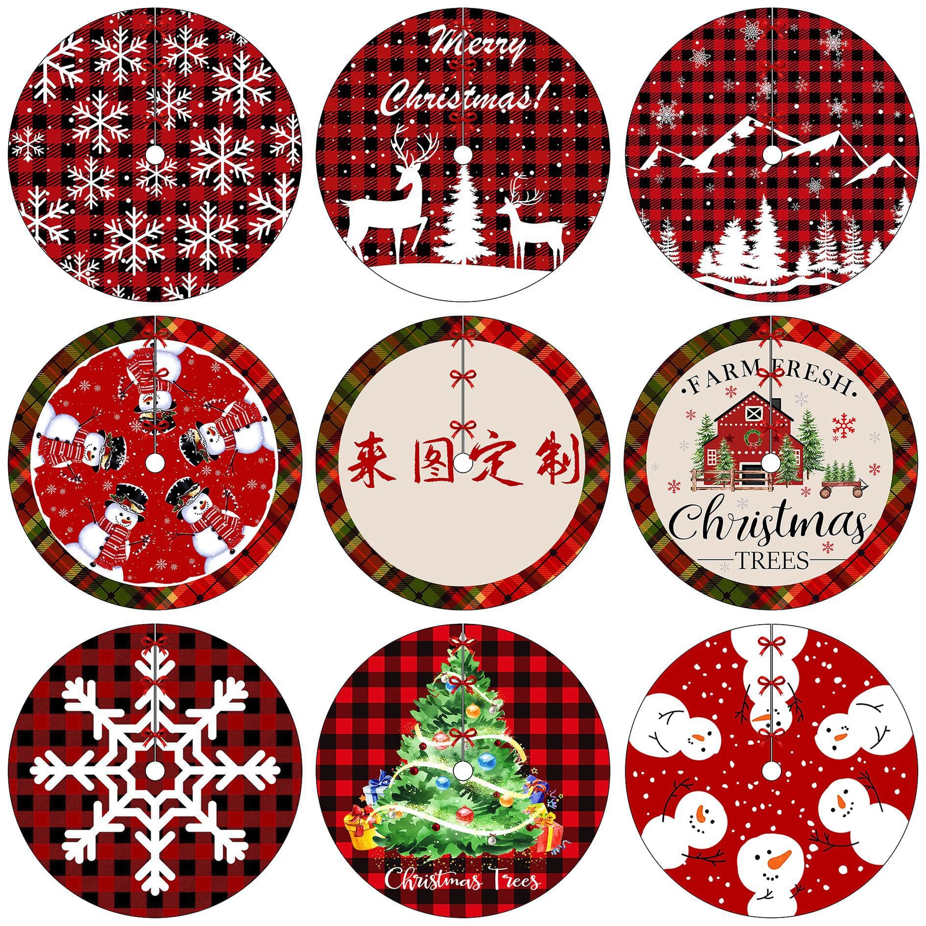 New Cross-Border Red and Black Plaid Snowman Reindeer Print Christmas Tree Skirt, Christmas Decorative Round Tree Skirt