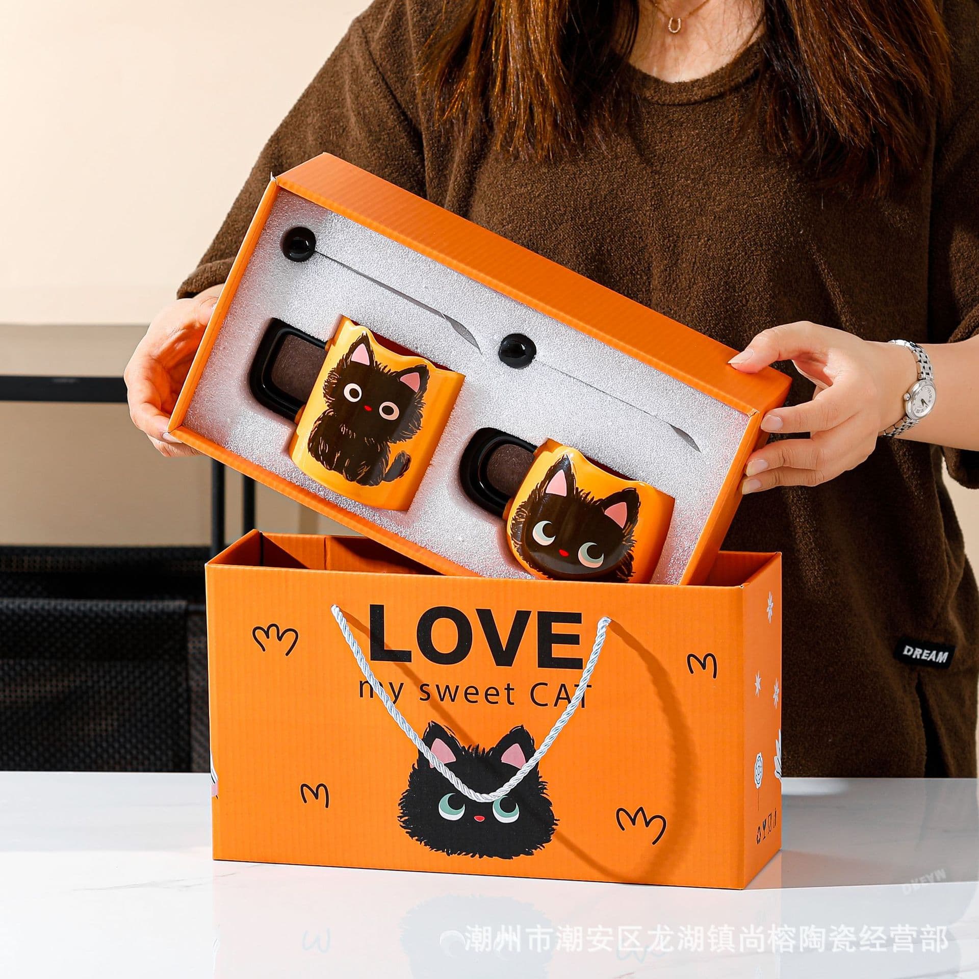 Cute Cat Ceramic Mug Valentine's Day Gift Water Cup Couple Mug with Spoon Large Capacity Coffee Cup Set