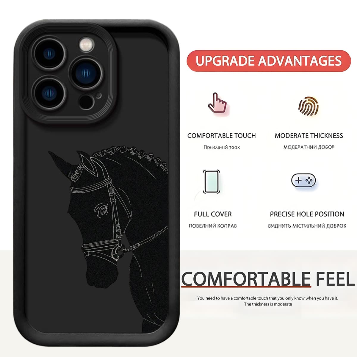 Horse Head Contemplation Silicon Carbide Stepped Black Groove Case for iPhone 15/16/17 Phone Cover Protective Case