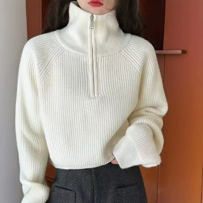 Cross-border Real Shot Real Price New Korean Style Design Half-Zip High Neck Cropped Sweater