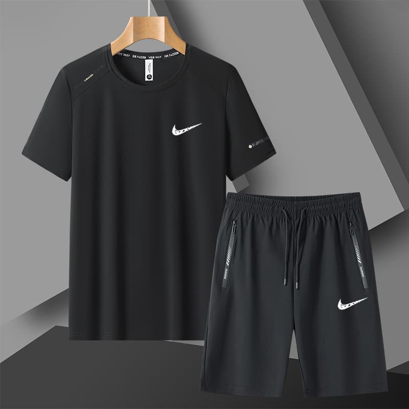 2026 New Trendy Casual Suit for Men Summer Thin Ice Silk Breathable T-Shirt Loose Plus Size Two-Piece Set
