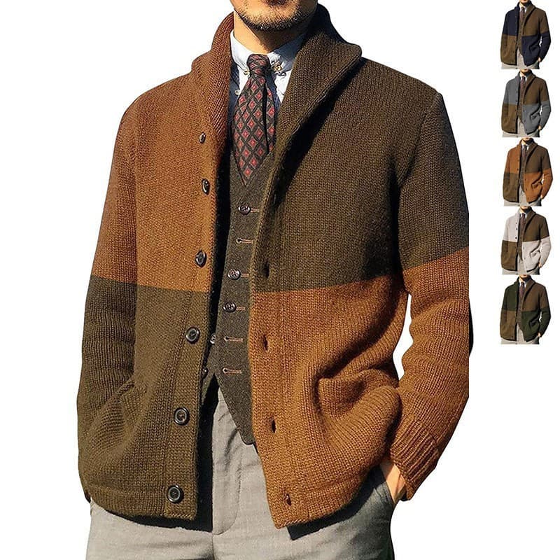 Men's Casual Patchwork Knitted Sweater Button up Cardigan Loose Fit Long Sleeve Breathable Machine Washable Fashion Urban Style