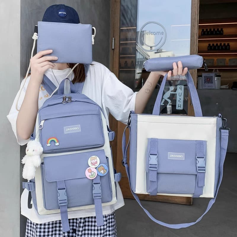 Four-piece schoolbag set for women, Korean version, Harajuku high school, junior high school student backpack, elementary school third to fifth grade