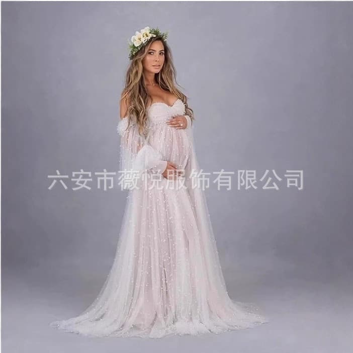 European and American Style Women's Dress with Mesh and Beading, Off-The-Shoulder Maternity Cross-Border Dress, Photography Gown with Small Train, Light Wedding Dress