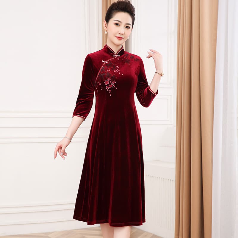 Hand-Painted Floral Pattern Retro Dress, Fashionable Simple Comfortable Breathable Slim Fit Stand-Up Collar Mother Dress Cheongsam