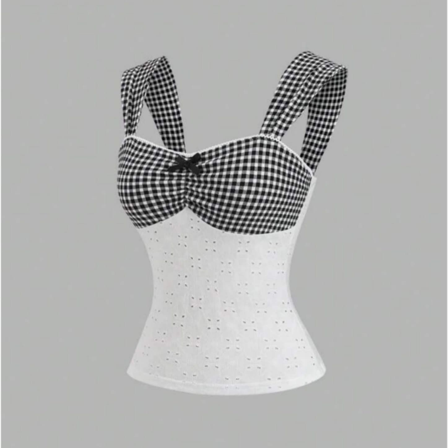 ZT8618 American Vintage Plaid Patchwork Hollow Embroidery Sleeveless Vest Summer Square Neck Waist Cinching Cropped Top