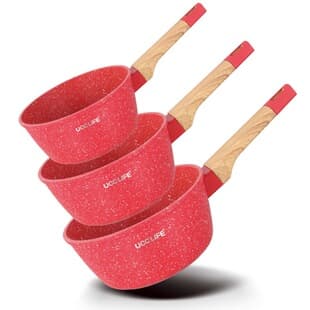 UCCLIFE Wood Grain Milk Pan 3-Piece Set 14/16/18cm Non-Stick Induction Compatible Mica Marble