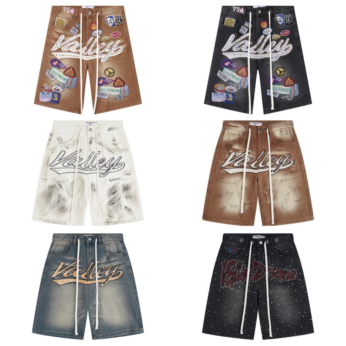 Cross-border*Vale Forever 1980S JORTS Latest Trendy Brand Denim Embroidered Rhinestone Patch Distressed Shorts