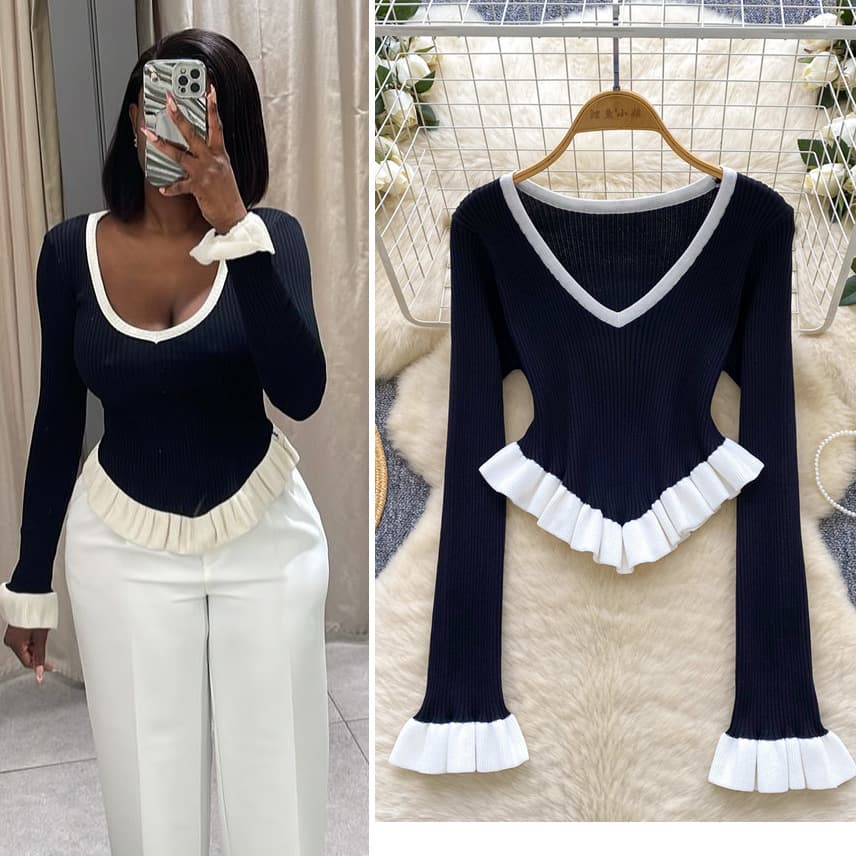 European and American Contrast Stripe Knit Sweater, Autumn Ruffle Hem, Flared Sleeve, Slim Fit, Visible Wear, Base Top