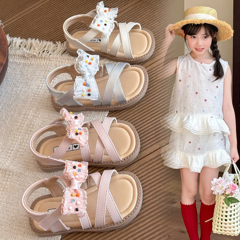 2026 Summer Girls' Bow Sandals Soft Sole Princess Shoes Korean Style Children's Beach Shoes Velcro Children's Shoes