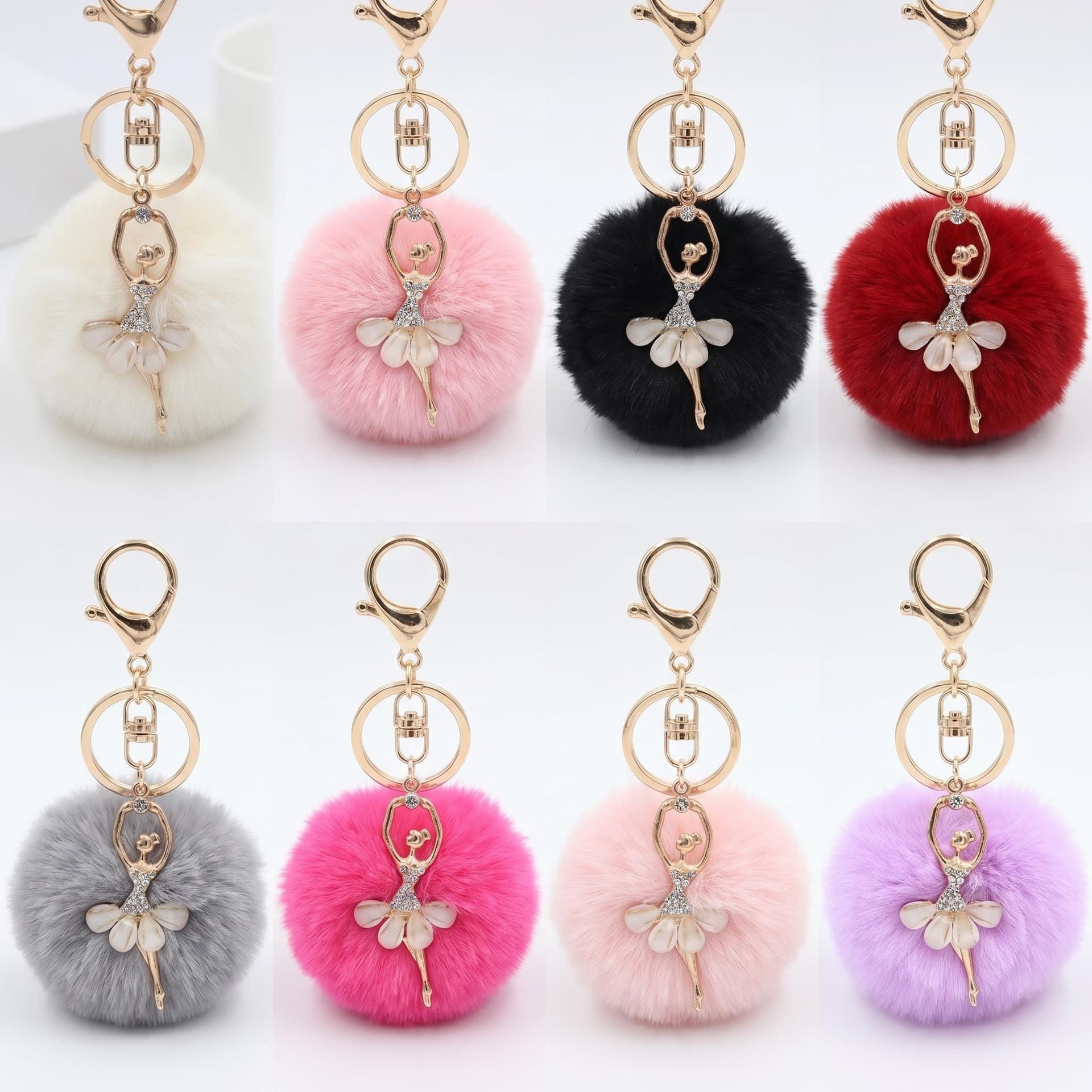 Fluffy Plush Ballet Girl Keychain Rhinestone Design Secure and Durable Multiple Colors Available Factory Direct