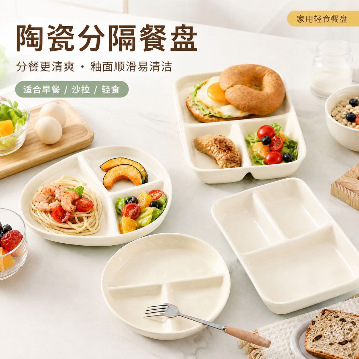 Simple Ceramic Divided Plate Creative Home Use Children's Breakfast Plate Adult Weight Control Portion Control Fruit Plate