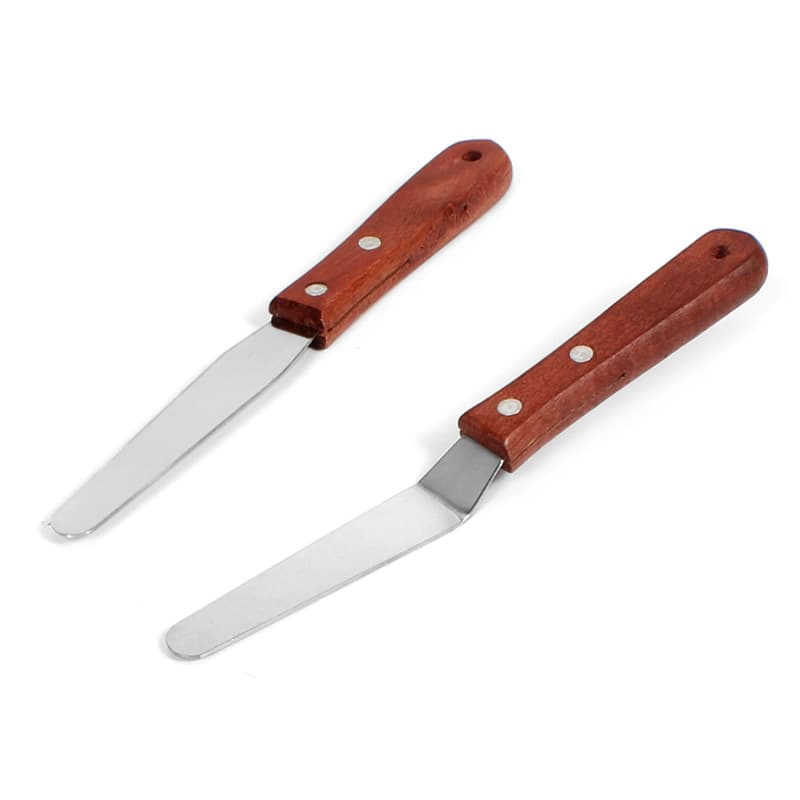 4-Inch Wooden Handle Cake Cream Spatula, Straight and Curved Edge, Demolding Knife, Jam Peanut Butter Scraper, Oil Mixing Ink Knife
