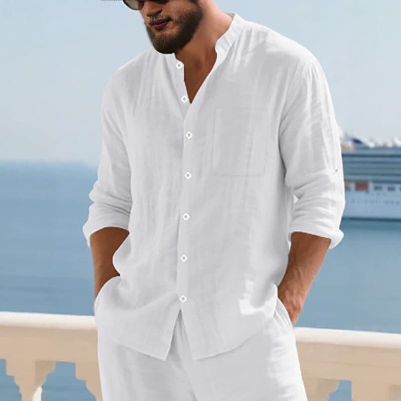 Cross-border Amazon Men's Casual Cardigan Button Shirt Henley American Stand Collar Long Sleeve Linen Wrinkle-Free