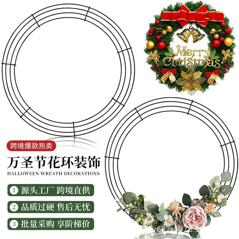 Amazon Cross-border Supply Christmas New Year Wreath Wire Ring 12-inch Door Hanging Wreath Wire Wreath