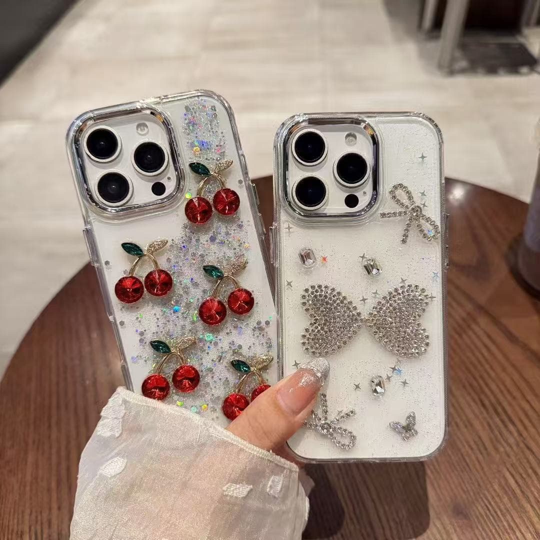 Three-dimensional cherry flash diamond suitable for iPhone17Promax mobile phone case Apple 16 drop glue cartoon bow soft case