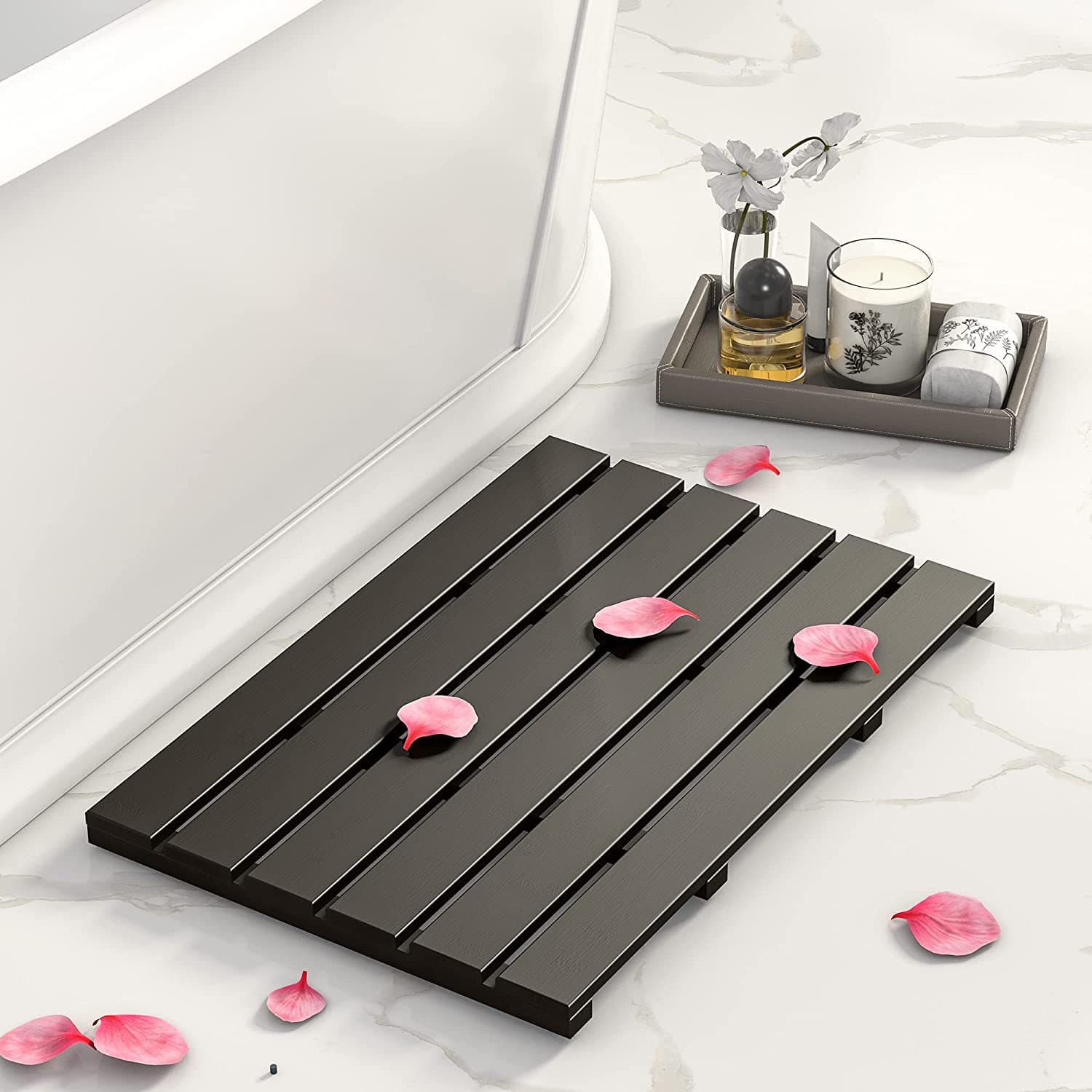 Bamboo Bathroom Mat, Drainage Floor Mat for Bathroom Entrance, Water-Draining Mat Next to Bathtub, Non-Slip Bathroom Mat