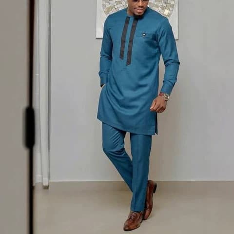 Cross-border African men's suit long-sleeved round neck color block 2-piece suit suit Kaftan men's traditional clothing