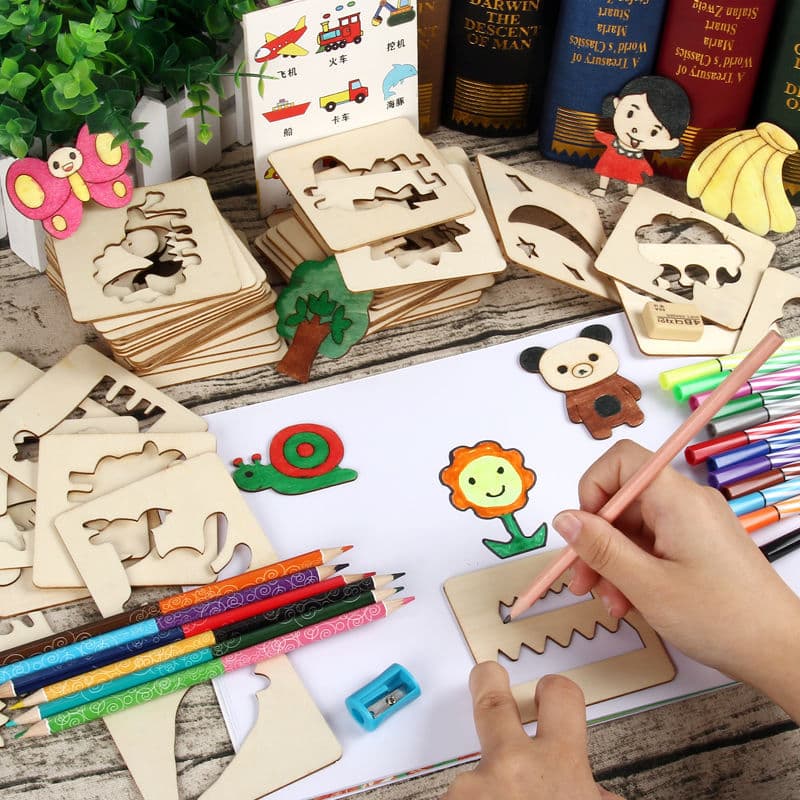 Children's wooden painting template tool set, stencil paper puzzle drawing graffiti toys wholesale distribution