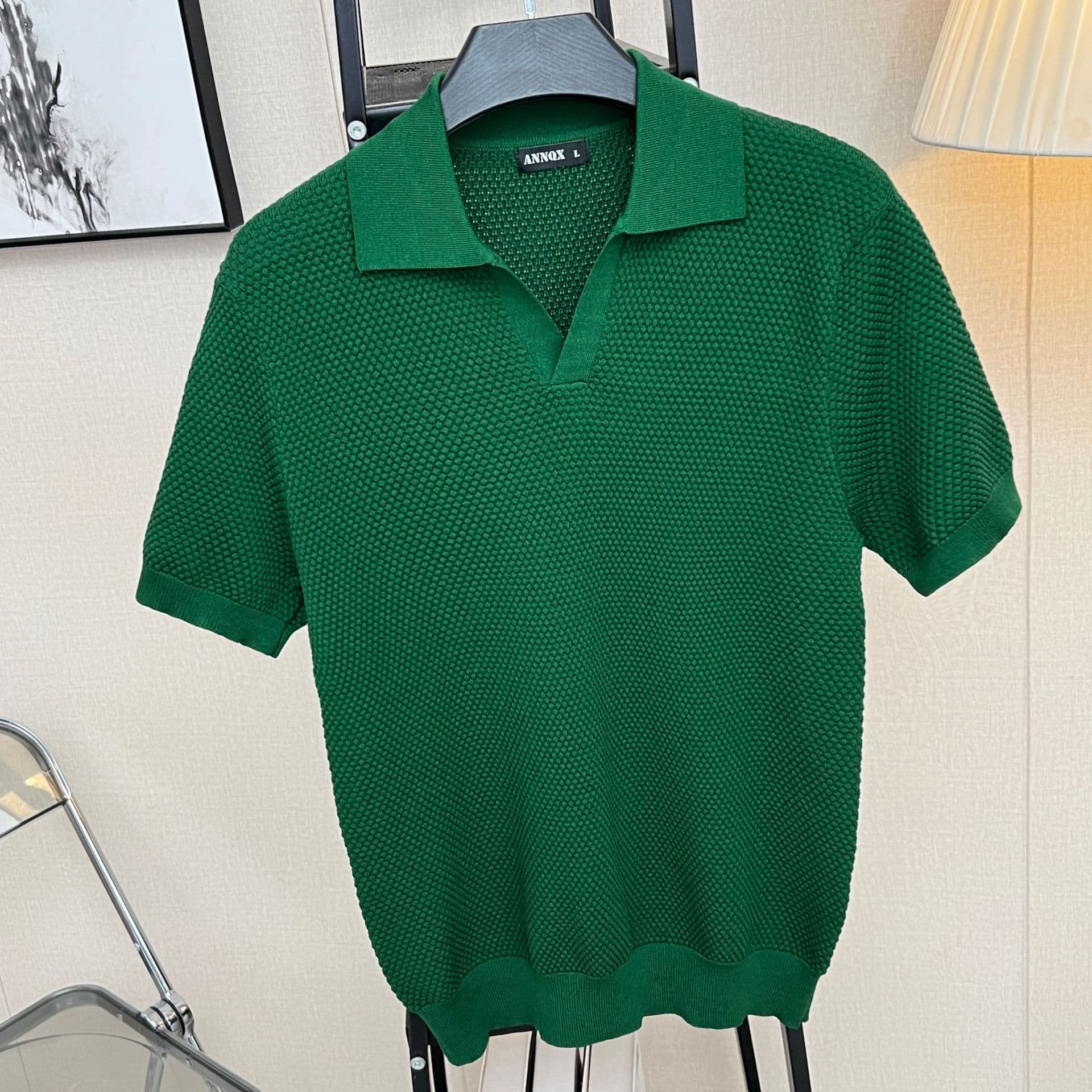 Men's Short-Sleeve Thin Summer Solid Knit V-Neck Pullover Pine Stitch Slim Fit Sweater