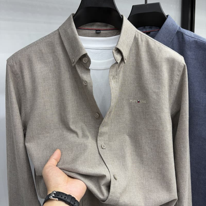 Tommy Hilfiger Spring/Fall Shirt for Men, High Quality Middle-Aged Base Layer, Casual Versatile Brushed Cotton Shirt