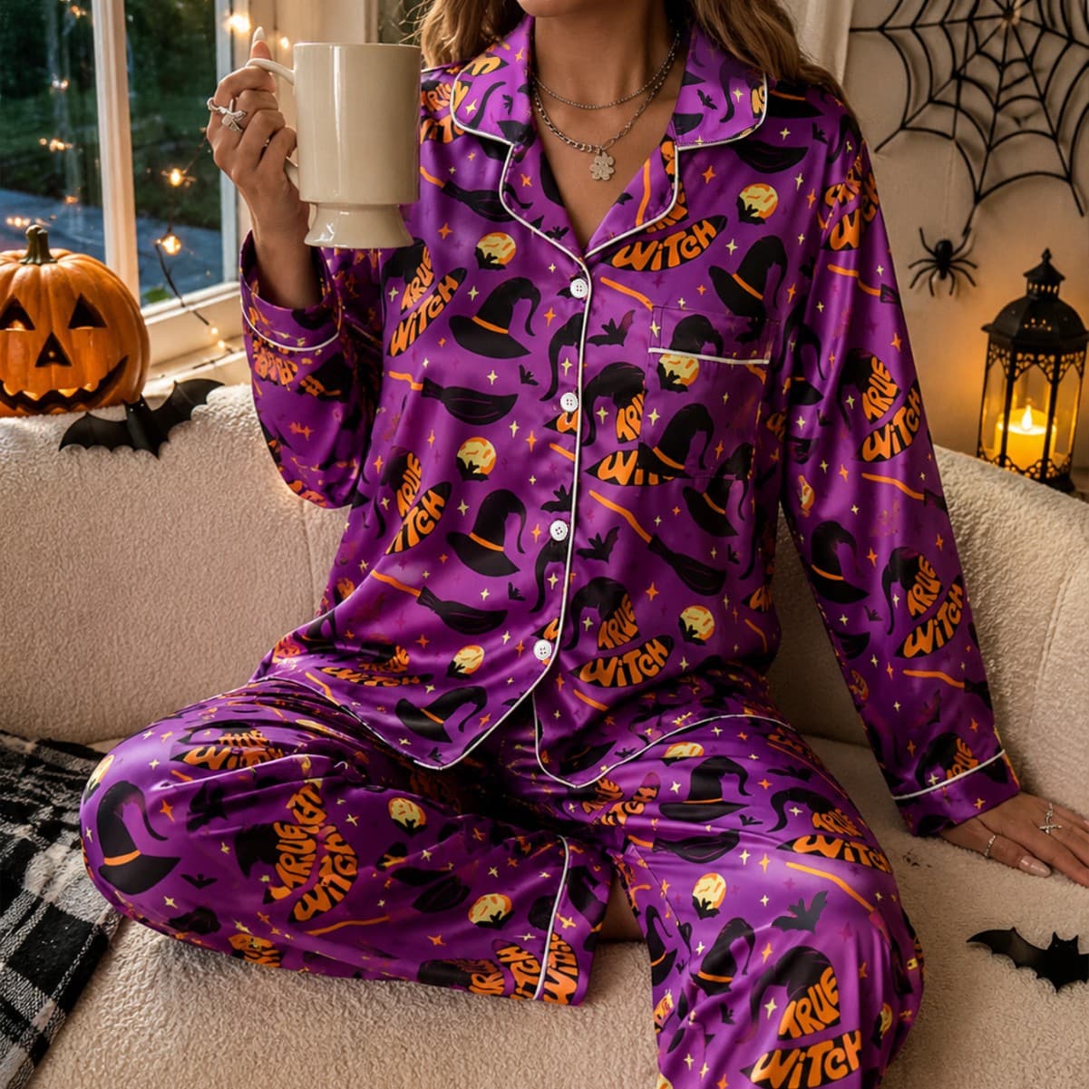 Cross-border European and American Autumn Winter Halloween Imitation Silk Women's Plus Size Homewear Long Pants Long Sleeve Set Wearable as Outerwear Pajamas