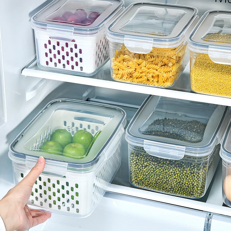 Kitchen Food Sealed Fresh-Keeping Box with Drainage Basket, Plastic Storage Container with Lid for Refrigerator Freezer
