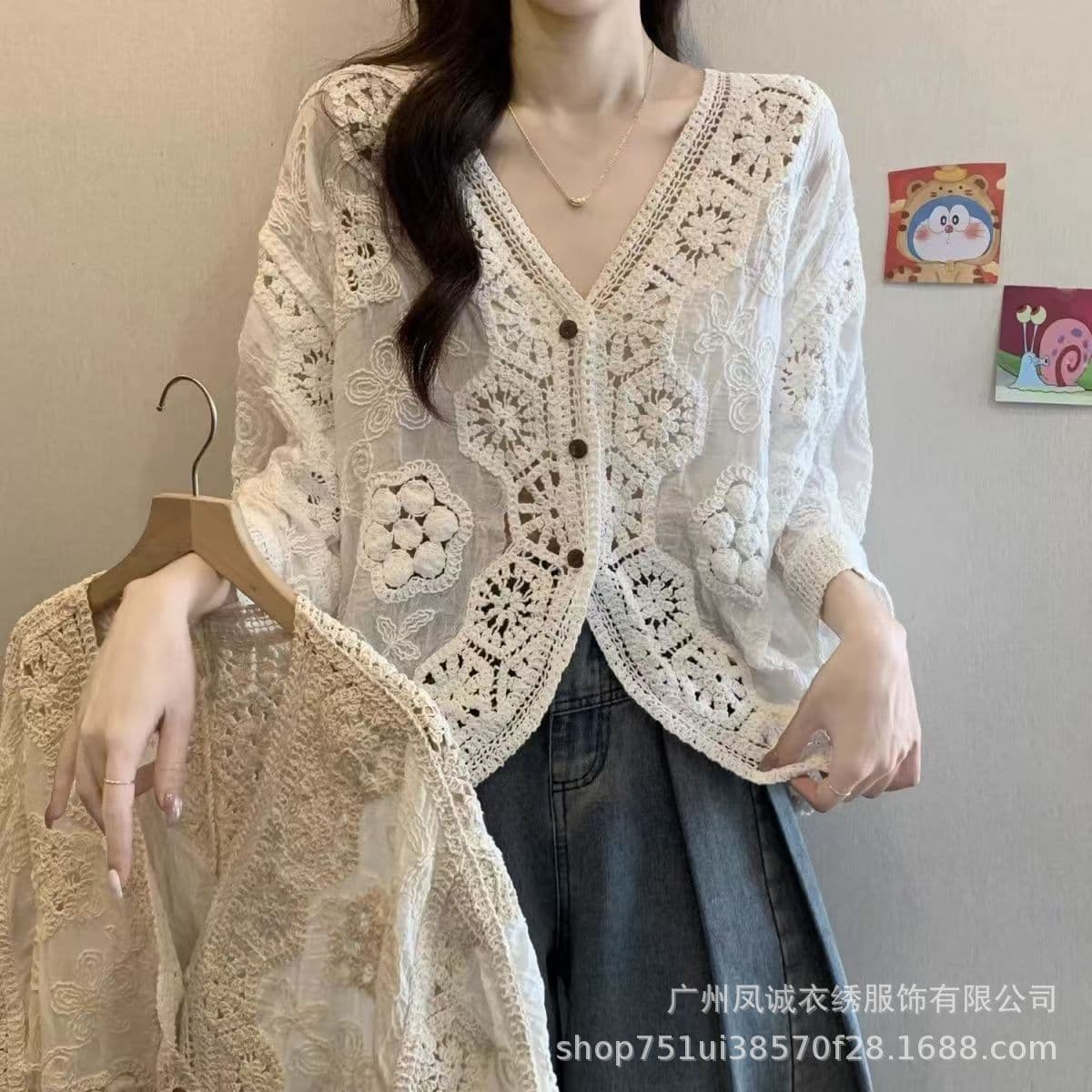 French Vintage Crochet Lace Knit Top for Women Summer Design Lightweight Sun Protection Cardigan