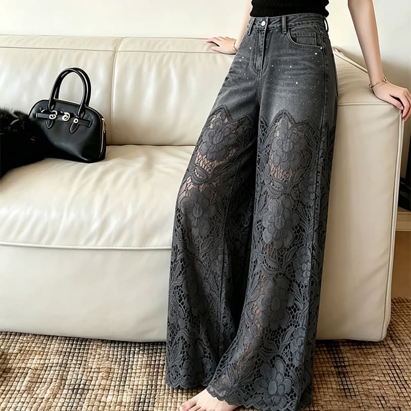 Lace Patchwork Denim Wide-Leg Pants Women 2026 Summer New High-End Loose Relaxed Casual Long Pants