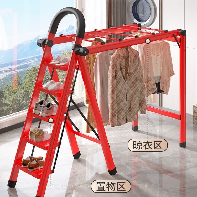 Multifunctional Clothes Drying Rack Ladder, Home Use Foldable Thickened A-Frame Ladder, Indoor and Outdoor Height Climbing Ladder, Carbon Steel Dual-Purpose Ladder