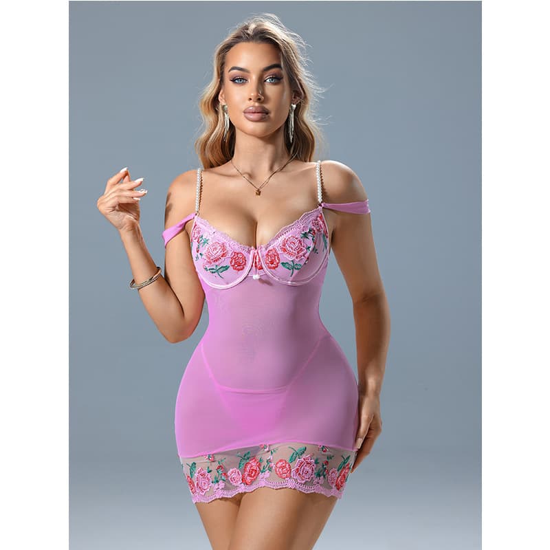 Cross-border Trade New Sexy Lingerie for Women Mesh Embroidery Trimmed Spaghetti Strap Bodycon Sleep Dress Erotic Lingerie