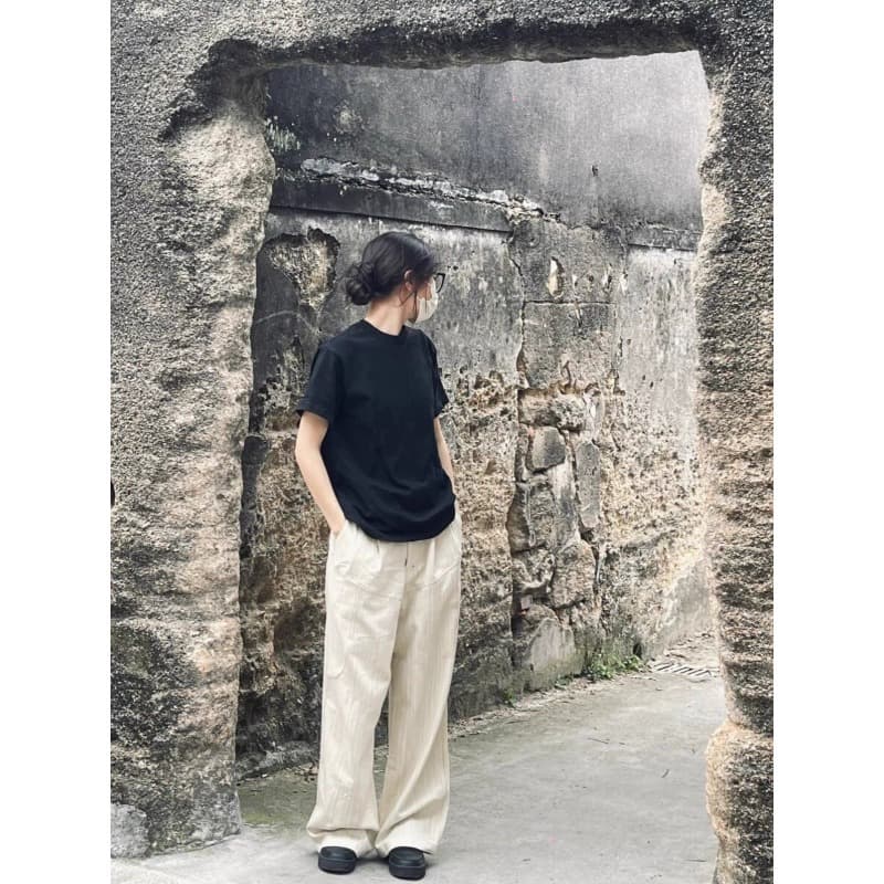 Black Straight-Shoulder Short-Sleeve T-Shirt for Women, Summer Pure Cotton Solid Color Black T-Shirt, Loose Oversized Slimming Half-Sleeve Top