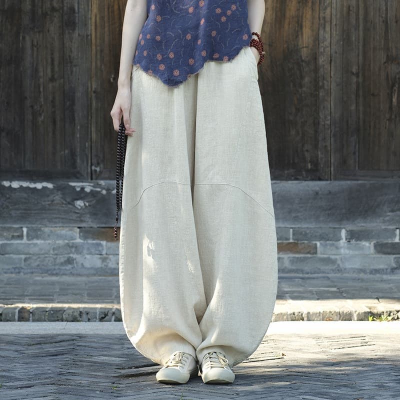 Loose fit, flattering, solid color, simple and versatile casual pants for women, spring/summer vintage cotton-linen lantern pants with elastic waist, harem pants