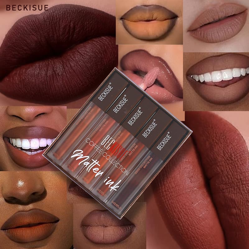 Beckisue Matte Velvet Coffee Lip Gloss Set Nude Non-Stick Lip Gloss Lipstick Lip Combo