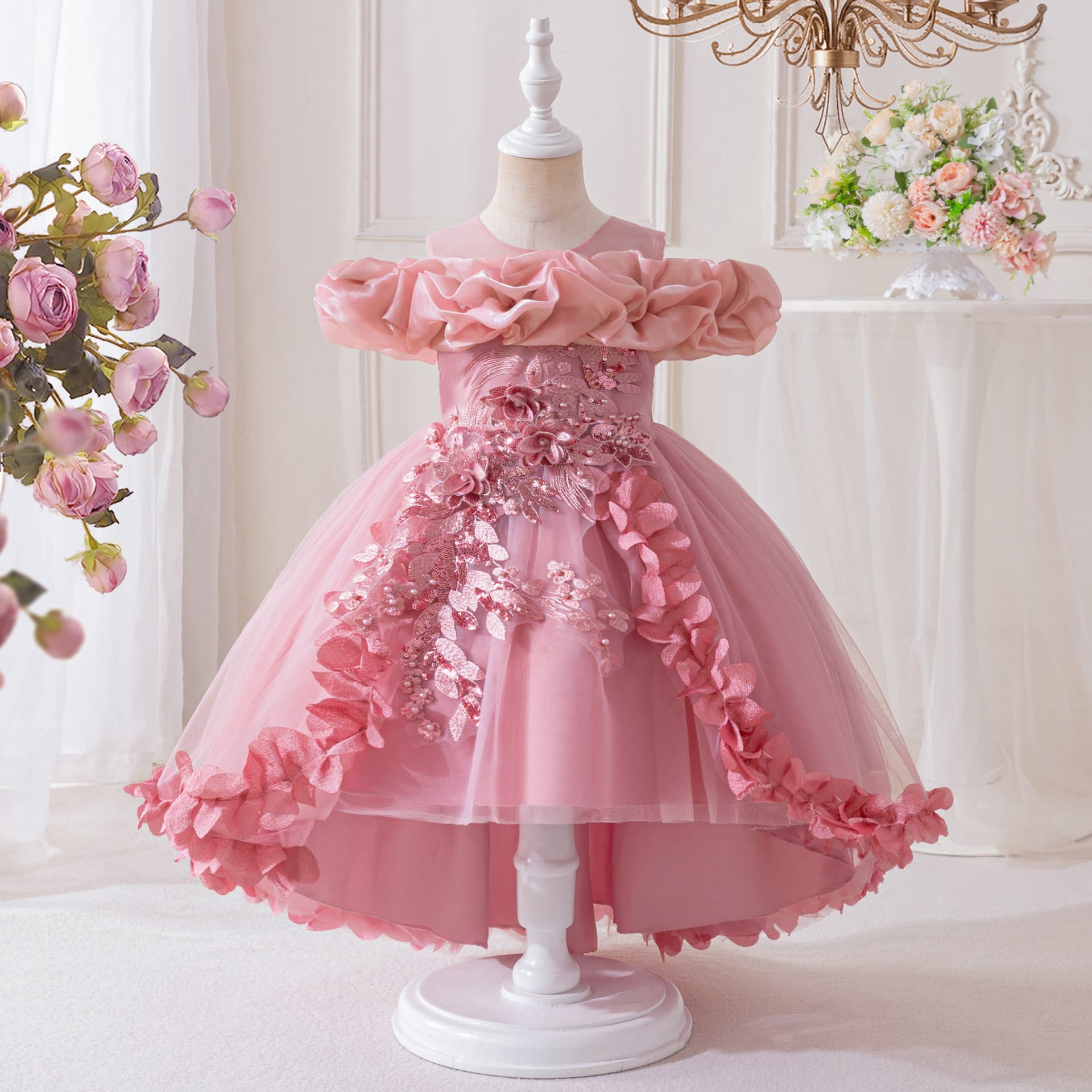 Amazon Children's Dress Light Luxury Mesh Fluffy Princess Dress Wedding Dress Banquet Piano Performance One-Shoulder Dress
