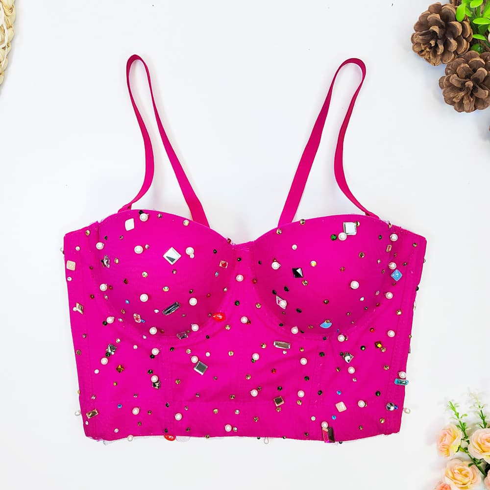European and American Cross-Border Colorful Acrylic Strap Camisole for Women, Short Corset Rhinestone Tube Top with Colorful Gems