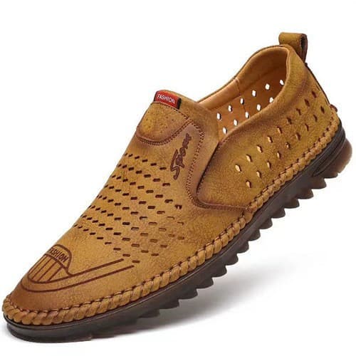 Men's Slip-On Anti-Slip Soft Bottom Bean Shoes Breathable Summer New Style Casual Hollow out Design Leather Leisure Footwear