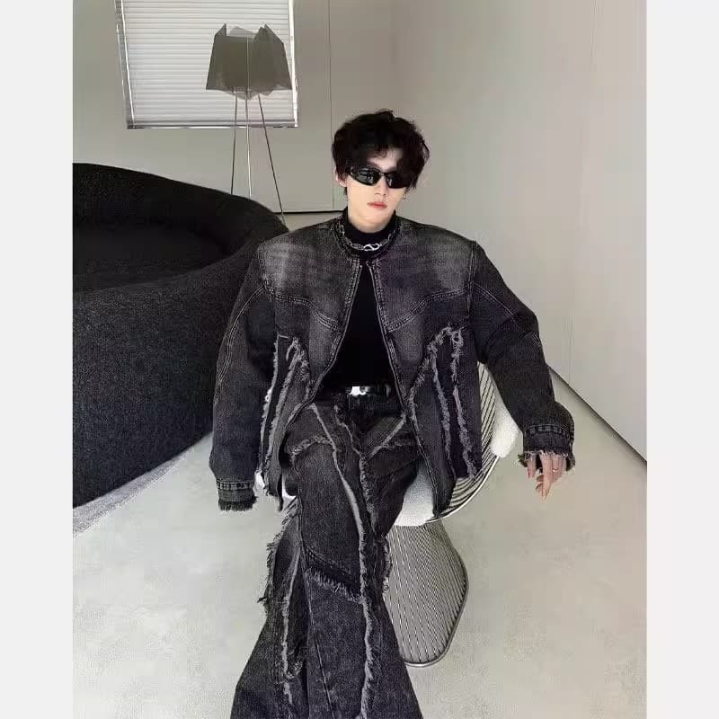 Washed Tie-Dye Black Jeans with Black Edge Suit Men's Scrap Earth Style Wear Complete Set of Stylist Short Shoulder Padded Jacket