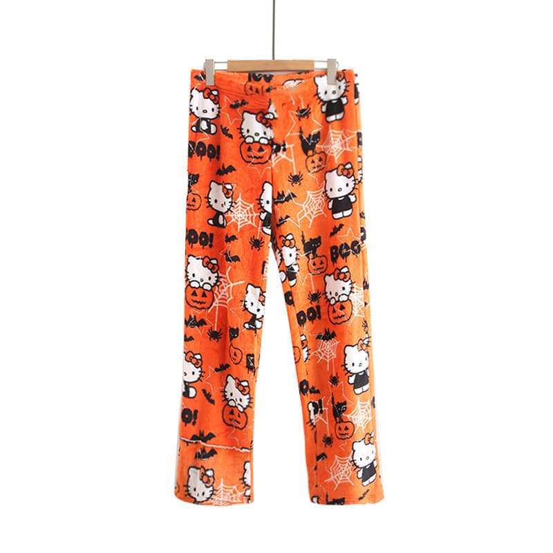Women's Halloween Cartoon Hello Kitty Flannel Pajama Pants, Autumn/Winter Fleece Lined Warm Casual Home Graffiti Pants