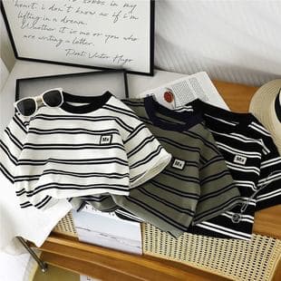 Summer Boys' Short Sleeve T-Shirt, Striped Undershirt, Korean Style Wide Collar, Casual Top for Toddlers and Kids