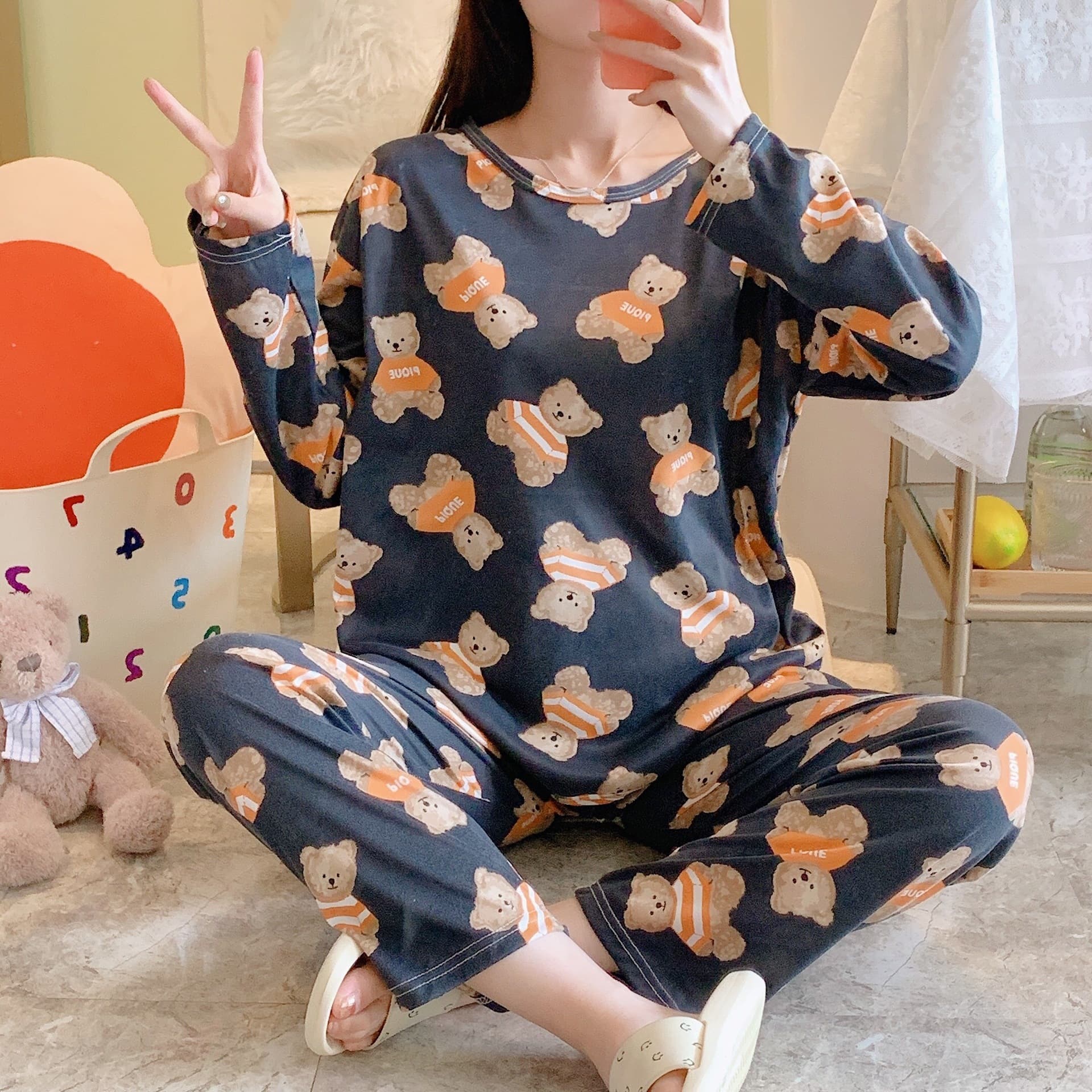 Plus Size Women's Long Sleeve Pajamas Spring Autumn Student Ins Korean Style Cute Cartoon Loose Set Sweet Homewear