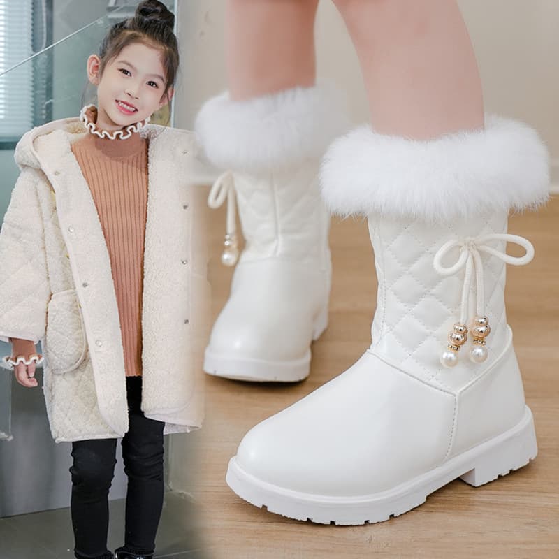 Girls' winter boots, 2025 new style, fashionable children's mid-calf boots, thickened and warm snow boots for medium and large children and little girls.