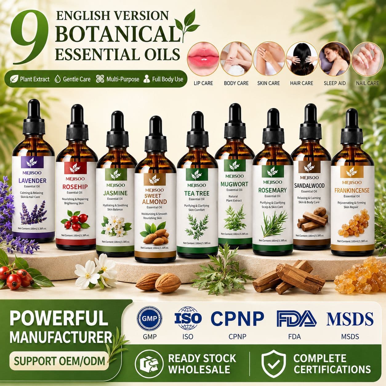 9 Plant Essential Oils 100ml Sweet Almond Rosemary Facial Skincare Body Care Massage Oil for Cross-Border E-Commerce