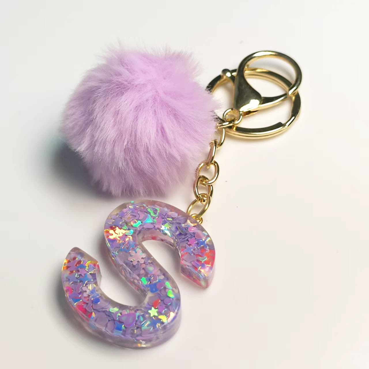 Purple fur ball English 26 letter key chain epoxy resin bag key chain love sequin crystal pendant for women