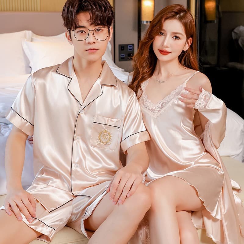 Summer Couple Pajamas Women's Thin Sexy Camisole Nightgown/Robe Men's Short-Sleeved Shorts Home Wear Two-Piece Set