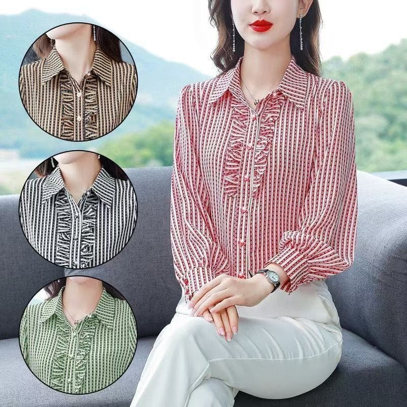 Fashionable chiffon shirt long-sleeved women's new fashion style mom loose women's striped shirt top shirt