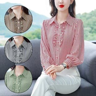 Fashion Chiffon Shirt Long Sleeve Women New Stylish Elegant Mother Loose Striped Blouse Top Shirt