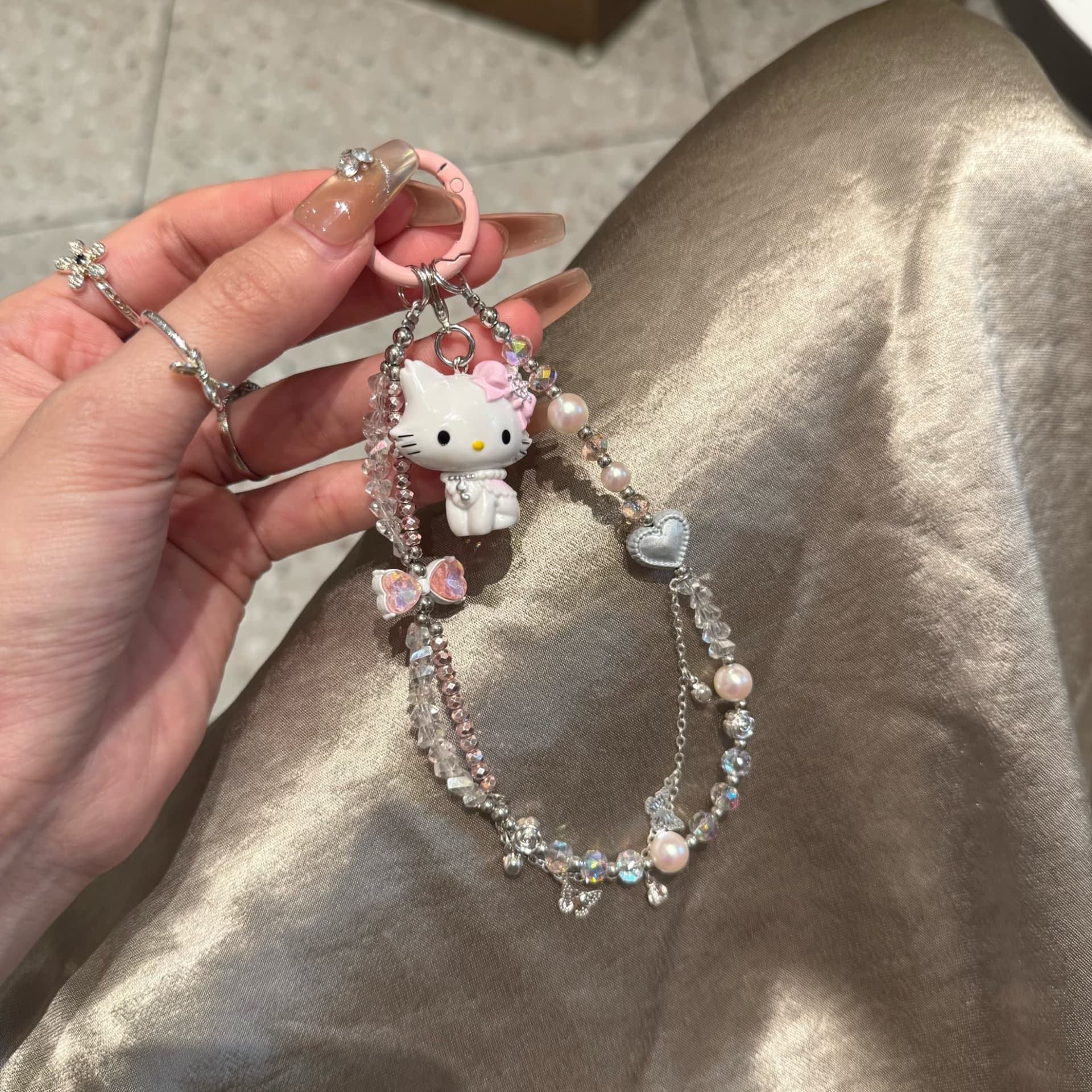 Pink Bow Mary Cat Kitty Beaded Phone Strap, Girly Phone Lanyard Keychain, CCD Charm