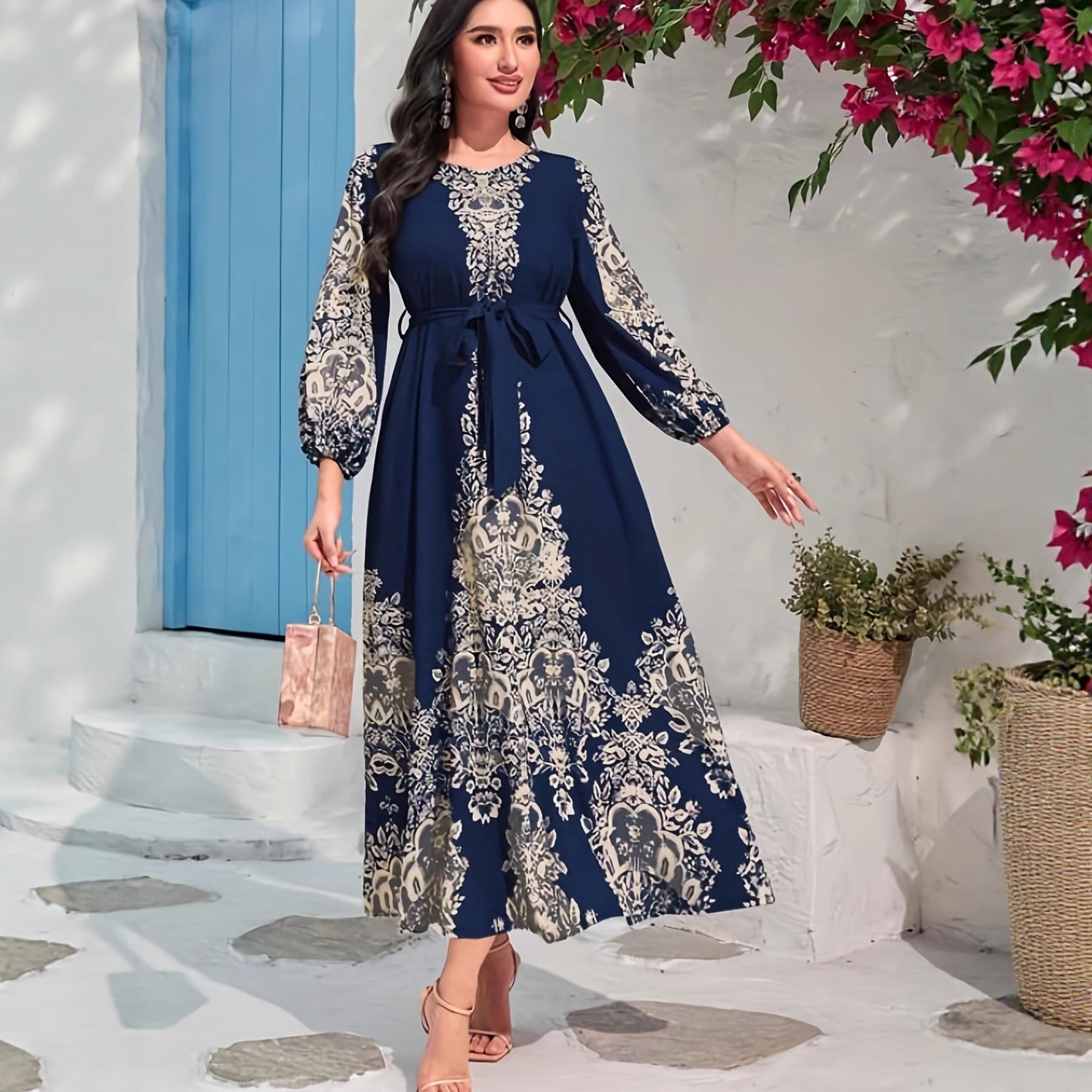 Cross-border best-selling Abaya women dresses floral print elegant belt dress