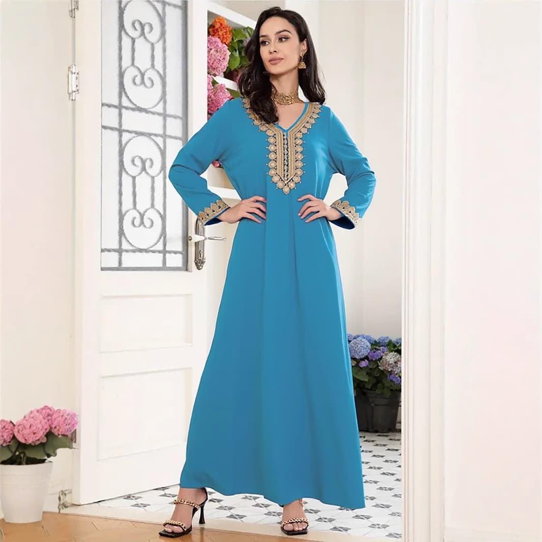 Cross-border trade fresh soft heavy embroidery V-neck long dress ethnic style loose dress women's clothing